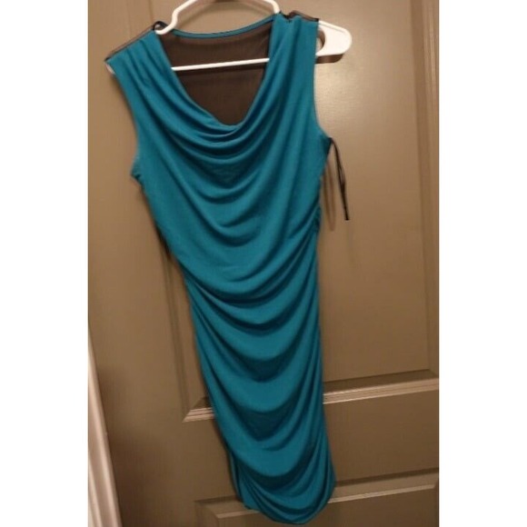 Sweet Storm Teal Dress Sleeveless Cowl Neck Ruched Bodycon Party‎ L - Picture 1 of 4